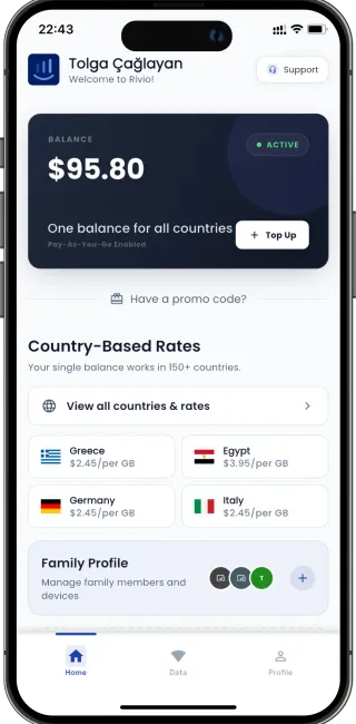 Rivio eSIM app — one balance, 150+ countries